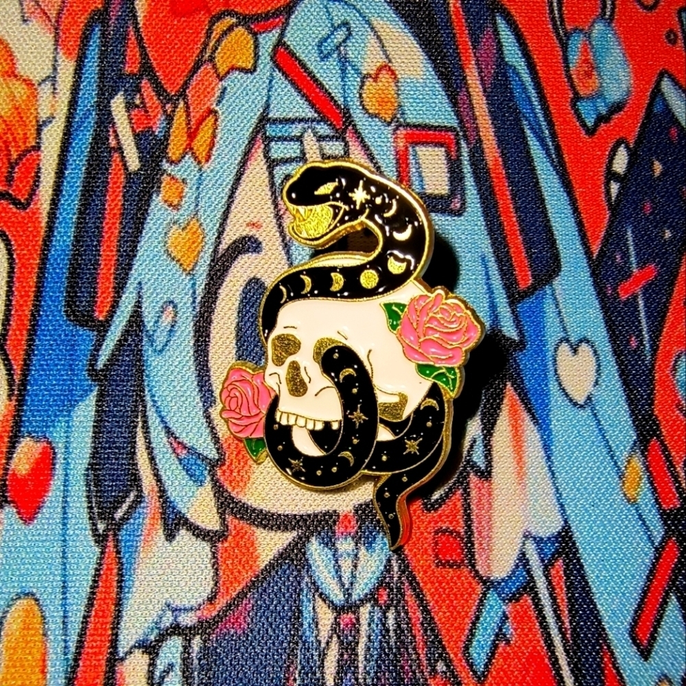 Women’s Accessories Black Snake and Skull Enamel Pin- Pink Rose & Gold Accents